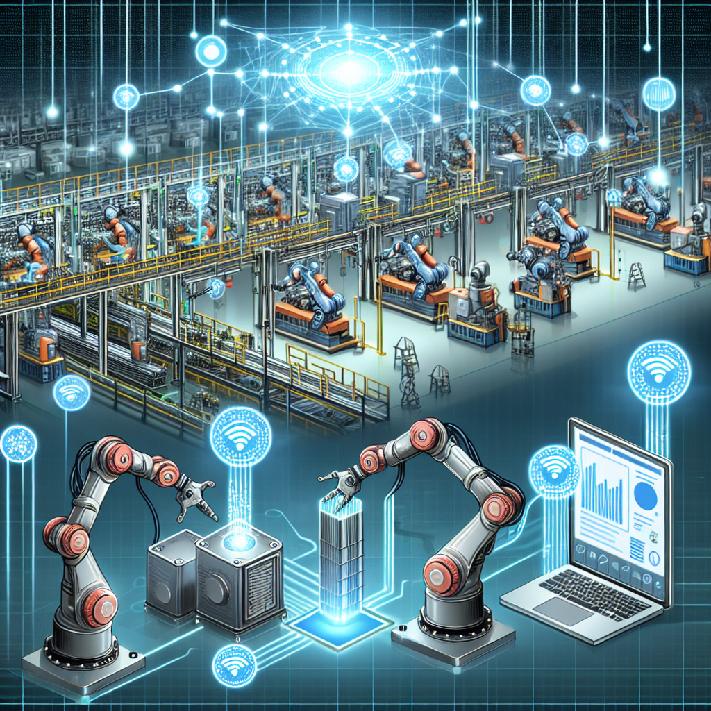 "효율적인 공장 자동화를 보여주는 IoT 기술을 활용한 스마트 제조 시스템 이미지, 운영 효율성을 높이는 기계 및 장비와 연결된 센서와 데이터 분석 보여줌"